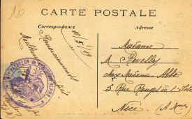 Rear of the card from 1919, Menton Allee des Palmiers. Intersting because of the lovely handwriting to a Nice address and also the stamp of the 'Bataillon de Chasseurs Alpins'.